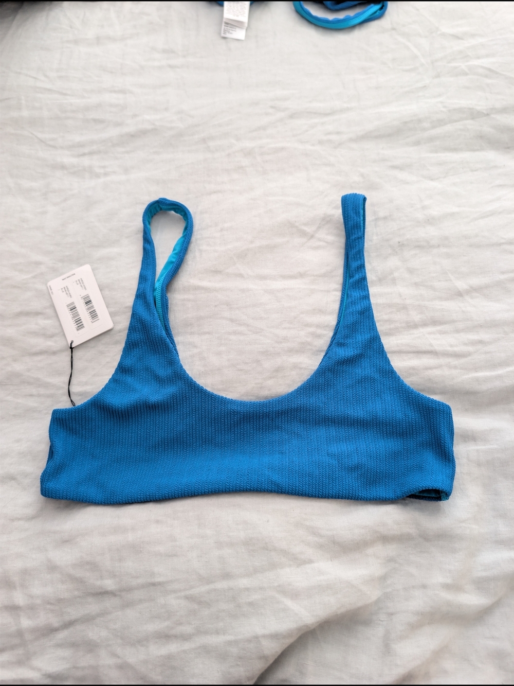 Wolford Ultra Texture Bikini Top Blue Ribbed Scoop Neck Luxury Swim Size L NEW